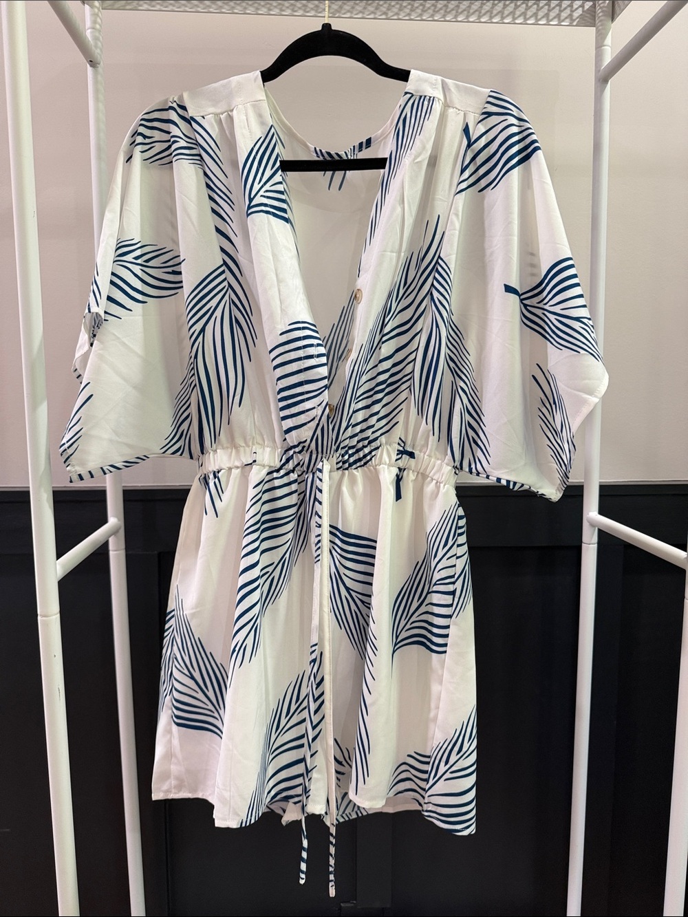 White & Navy Leaf-Print Romper